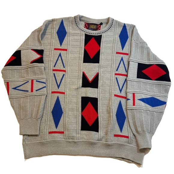 Vintage Emilio Lazio Sweater XL Geometric Knit 90s Style Gray Red Blue Pullover - Picture 1 of 10